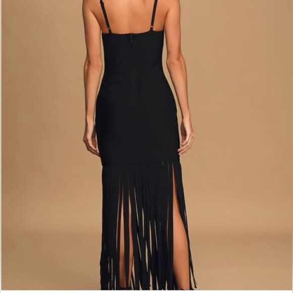Lulu's Till We Meet Again Black Fringe Bandage Bodycon Maxi Dress Size XL - Picture 2 of 12